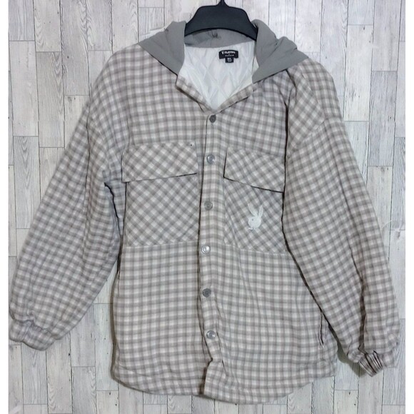 Playboy x Pacsun Shacket Quilted Beige Plaid Hooded Button Front Pockets Men M/L - Picture 1 of 6